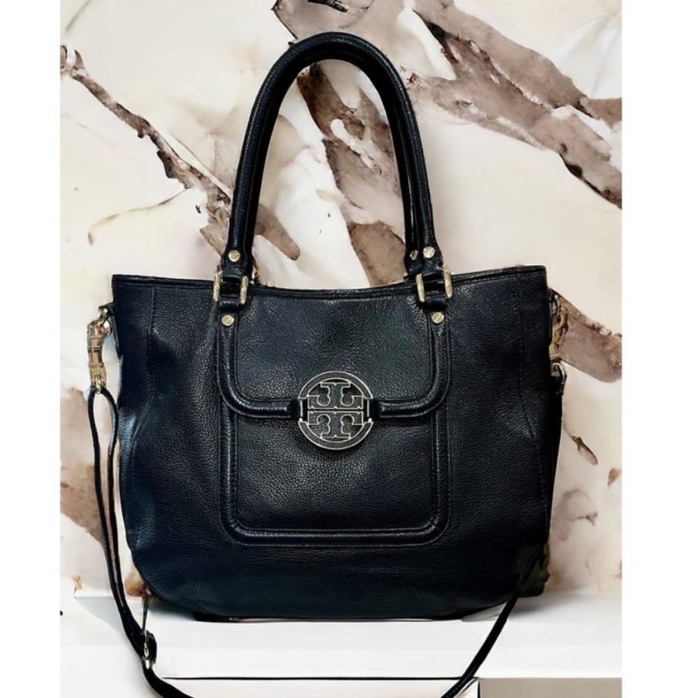 Tory Burch Black Leather Tote with Gold Accents